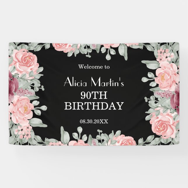 Chic Burgundy Pink Roses Flora Black 90. Geburtsta Banner (Horizontal)