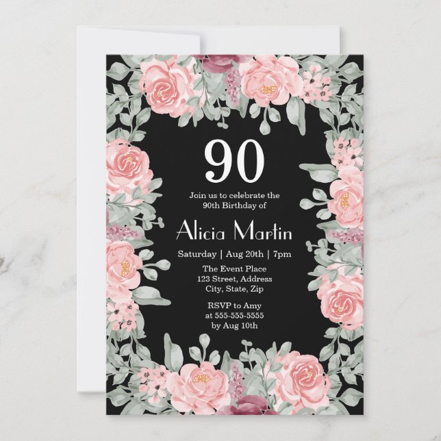 Chic Burgundy Pink Roses Flora Black 90. Geburtsta Einladung (Vorderseite)