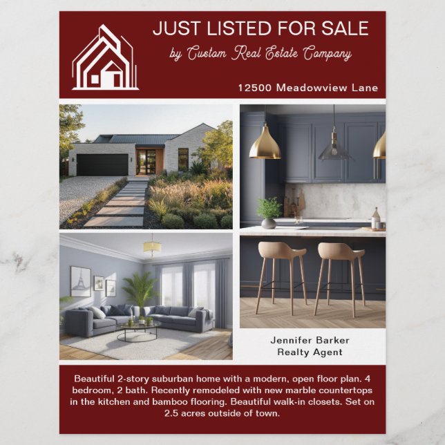 Chic Burgundy Real Estate Home Listing 2 Sided Flyer (Vorne)