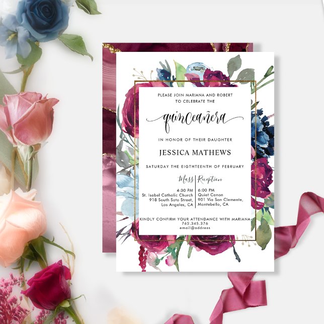 Chic Burgundy Red, Berry Blue Floral Quinceañera Einladung (Von Creator hochgeladen)