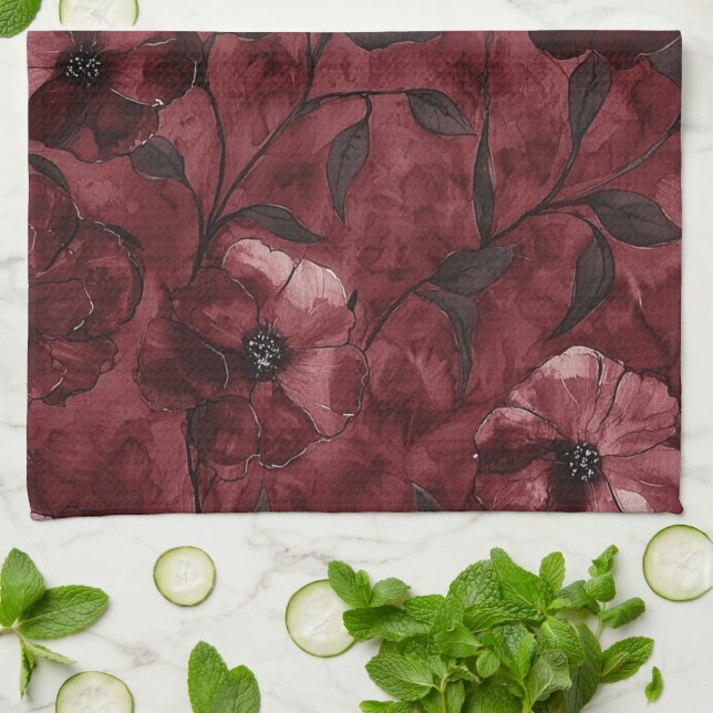 Chic Burgundy Red Floral Brautparty Geschirrtuch (Gefaltet)