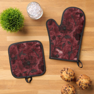 Chic Burgundy Red Floral Brautparty Ofenhandschuh & Topflappen-Set