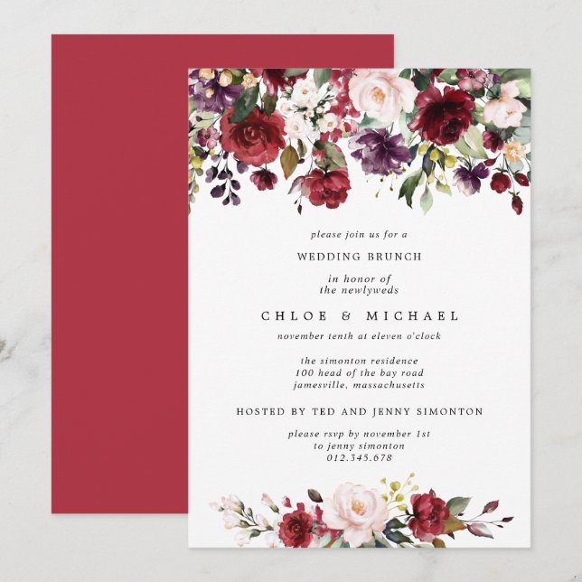 Chic Burgundy Red Floral Post Wedding Brunch Einladung (Vorne/Hinten)