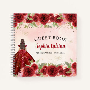 Chic Burgundy Red Gold Floral Prinzessin Quinceañe Notizbuch
