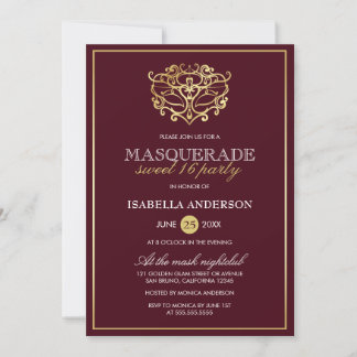 Chic Burgundy Red & Gold Masquerade Sweet 16 Party Einladung
