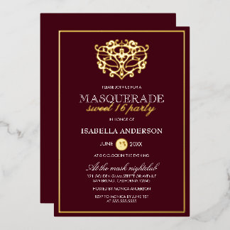 Chic Burgundy Red & Gold Masquerade Sweet 16 Party Folieneinladung