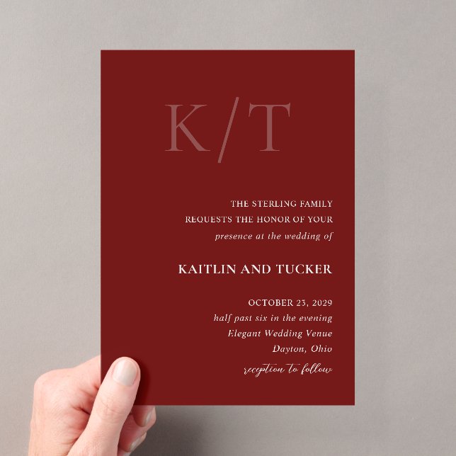 Chic Burgundy Rust Bold Monogram Elegant Wedding Acryleinladungen (Insitu (Handheld))