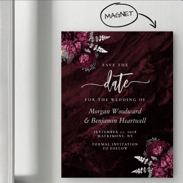 Chic Burgundy Silver Floral Wedding Save the Date Magneteinladung (Von Creator hochgeladen)