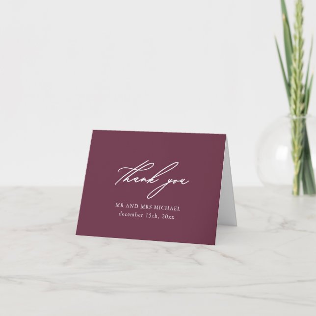 Chic Burgundy und Danke, dass Sie Script Wedding Dankeskarte (Vorderseite)