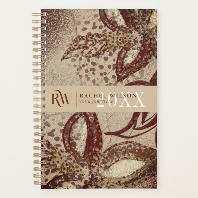 Chic Burgundy und Gold Floral Zeichnend Textur Planer (Vorderseite)