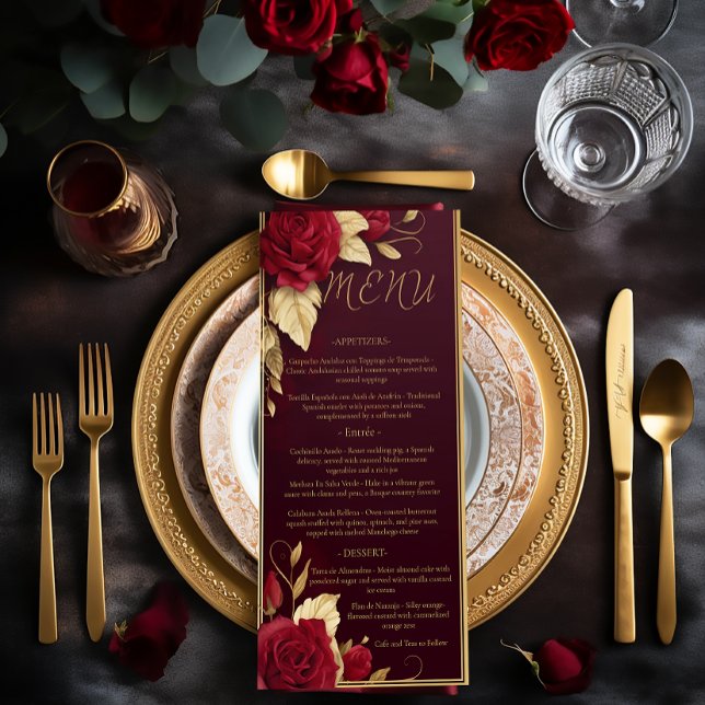Chic Burgundy und Gold Spanische Red Wedding Menükarte (Chic Elegant Wedding Red Burgundy Gold Menu)