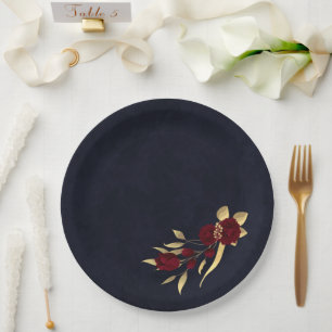 Chic burgundy und Goldmedaille blau Pappteller