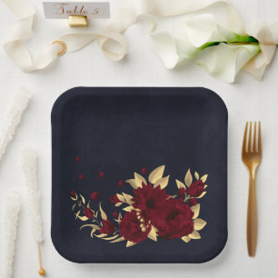 Chic burgundy und Goldmedaille blau Pappteller
