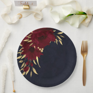 Chic burgundy und Goldmedaille blau Pappteller