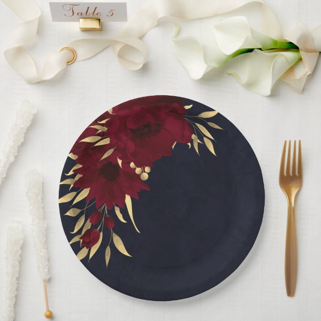 Chic burgundy und Goldmedaille blau Pappteller (Hochzeit)