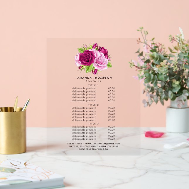 Chic Burgundy und Pink Roses Pricing and Services Acrylschild (Hochzeit)