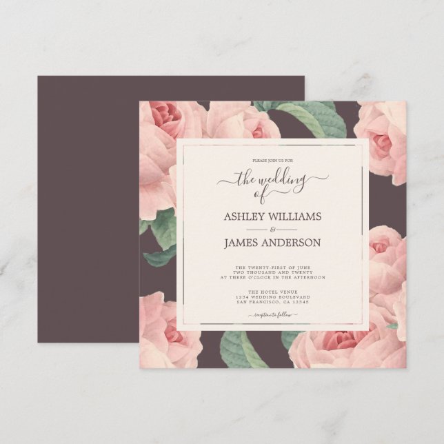Chic Burgundy Vintag Pink Rose Blumenhochzeit Einladung (Vorne/Hinten)