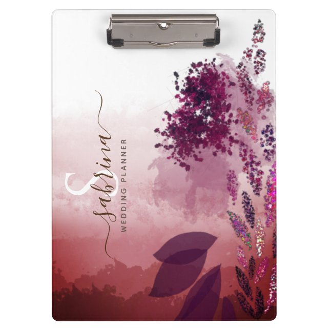 Chic Burgundy Watercolor Floral Monogram Signature Klemmbrett (Vorderseite)