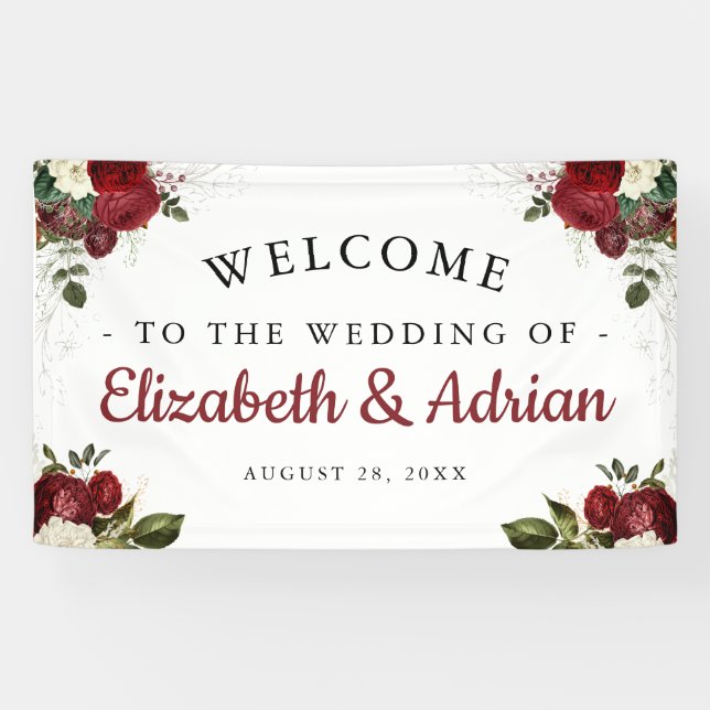 Chic Burgundy & White Floral Begrüßung Banner (Horizontal)