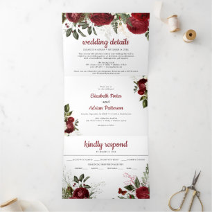 Chic Burgundy & White Floral Elegante Hochzeit Dreifach Gefaltete Einladung