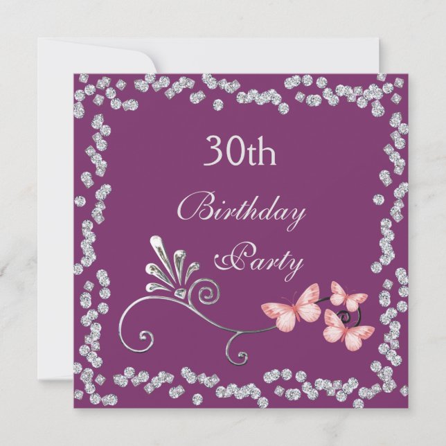 Chic Butterflies & Diamonds 30. Geburtstag Einladung (Vorderseite)