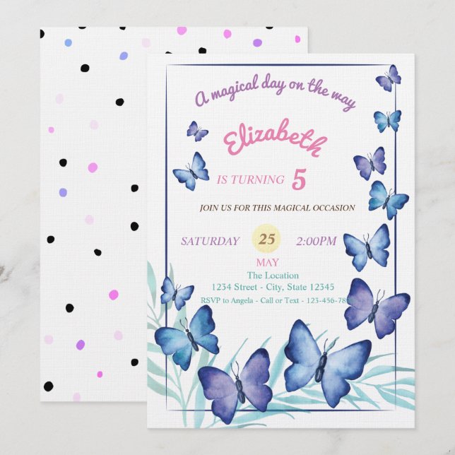 Chic Butterflies Polka Dots Geburtstag Einladung (Vorne/Hinten)