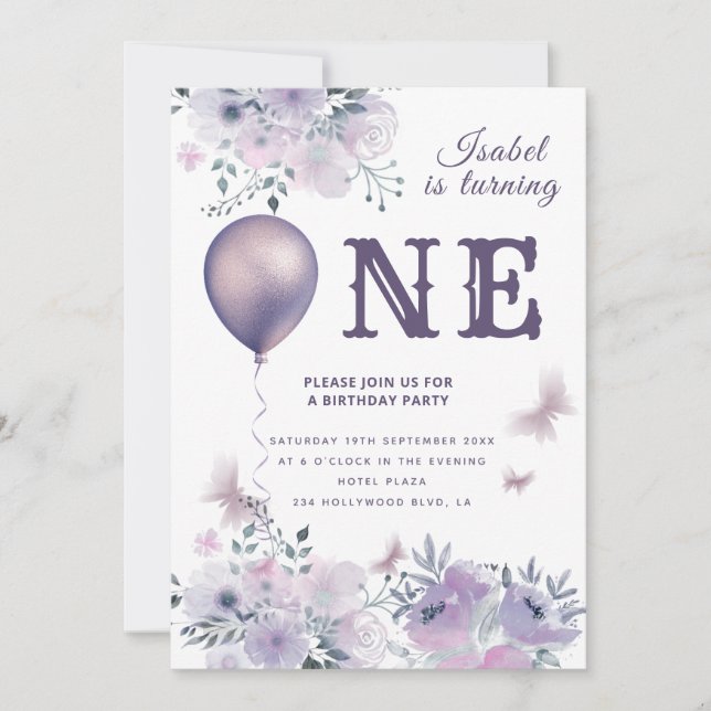 Chic Butterfly Blumenballon lilac 1. Geburtstag Einladung (Vorderseite)