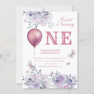 Chic Butterfly Blumenballon lilac 1. Geburtstag I Einladung