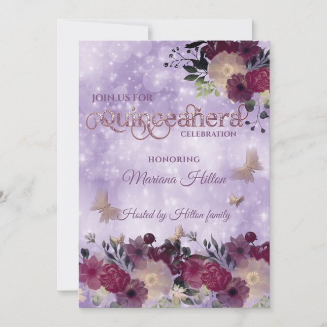Chic Butterfly Blumengarten Quinceañera Lavendel Einladung (Vorderseite)