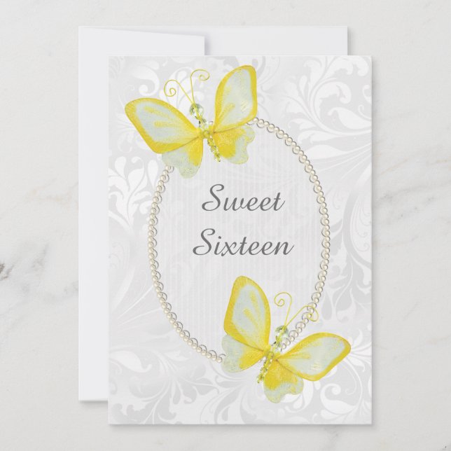 Chic Butterfly Damask 16 . Geburtstag Doppelseitig Einladung (Vorderseite)