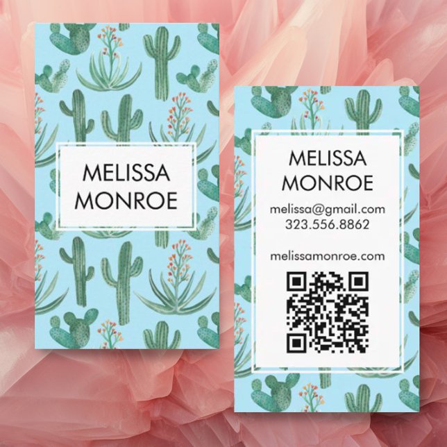 Chic Cacti & Succulents Watercolor QR Code Visitenkarte (Cute custom business cards with QR codes and cactus design in light blue)