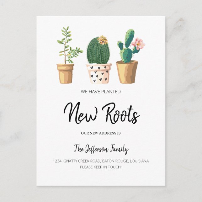 Chic Cactus Planted New Roots Moved Moving Ankündigungspostkarte (Vorderseite)