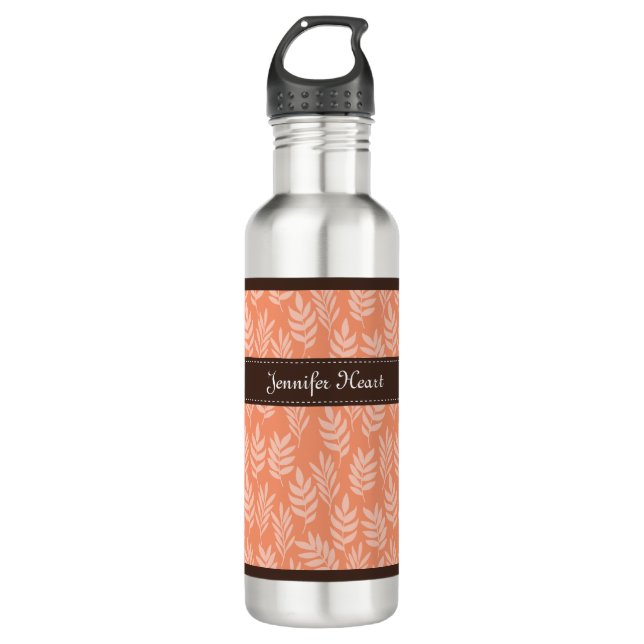 Chic Cadmium Orange Elegantes Leaf Muster und Name Trinkflasche (Vorderseite)