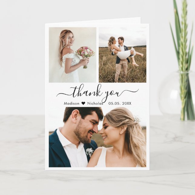 Chic Calligrafy Foto Collage Wedding Vielen Dank Dankeskarte (Vorderseite)