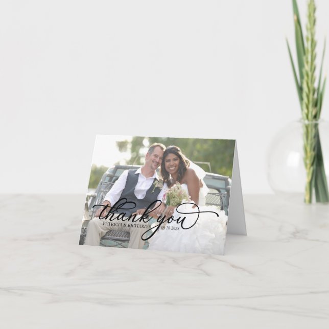 Chic Calligrafy Foto Wedding Danke Cards (Vorderseite)
