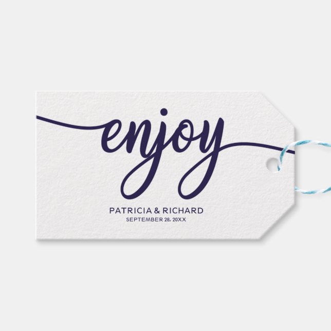 Chic Calligrafy Gastgeschenk Hochzeit genießen Geschenkanhänger (Vorderseite (Horizontal))