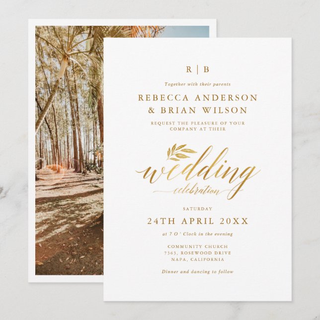 Chic Calligrafy Gold Foil Elegantes Foto Hochzeit Einladung (Vorne/Hinten)