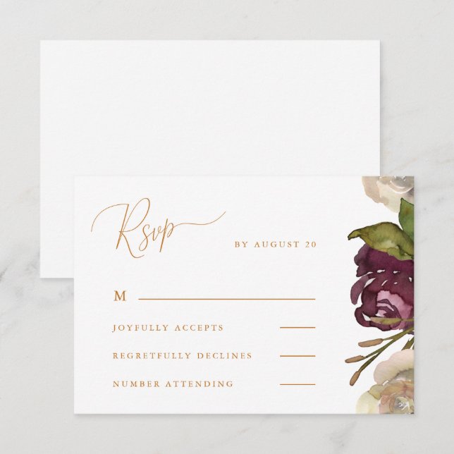 Chic Calligraphie Aquarelle Mariage Floral Rsvp (Devant / Derrière)