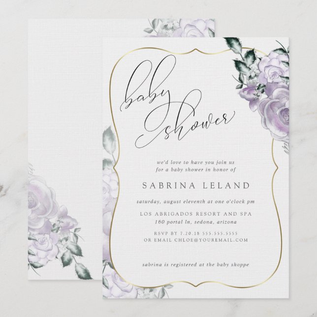 Chic Calligraphy Baby Showlavender Floral Rose Einladung (Vorne/Hinten)