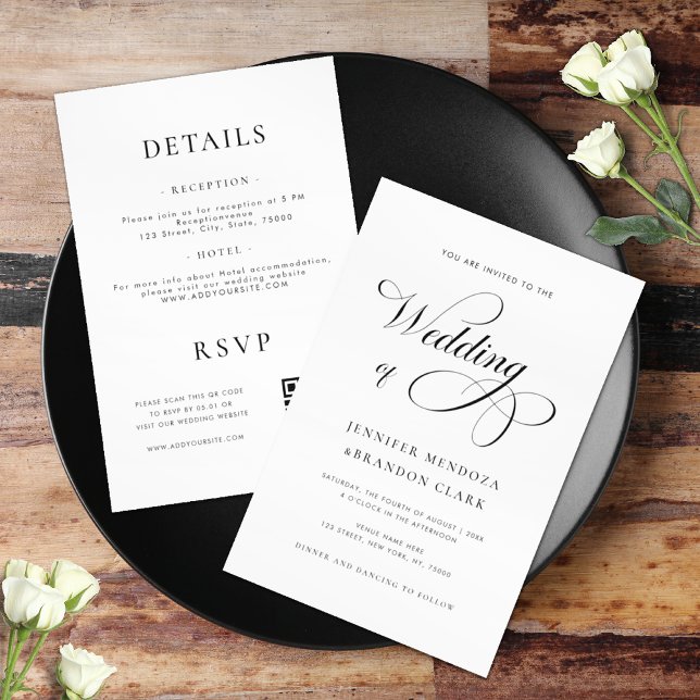 Chic Calligraphy Black & White All in One Wedding Einladung (Von Creator hochgeladen)