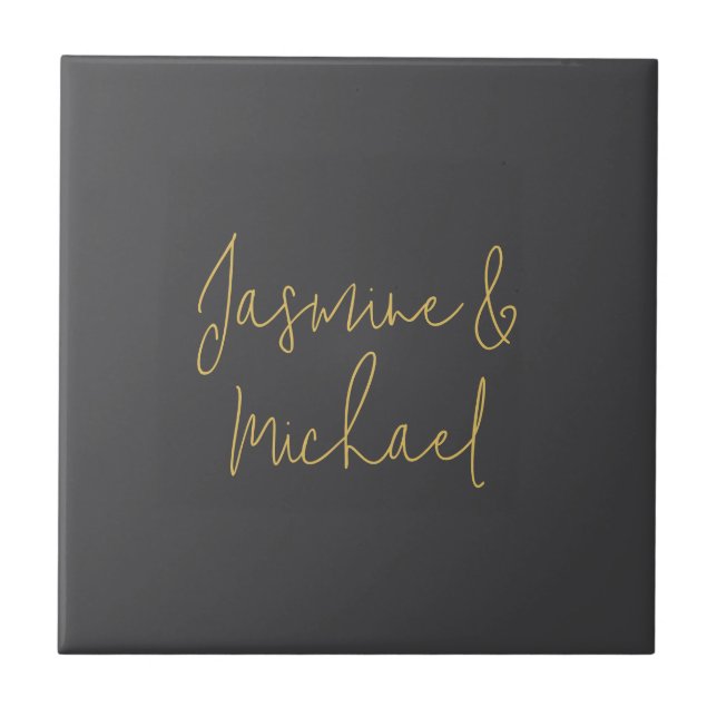 Chic Calligraphy Couple Names Gray & Gold Fliese (Vorderseite)