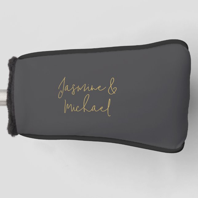 Chic Calligraphy Couple Names Gray & Gold Golf Headcover (Vorderseite)