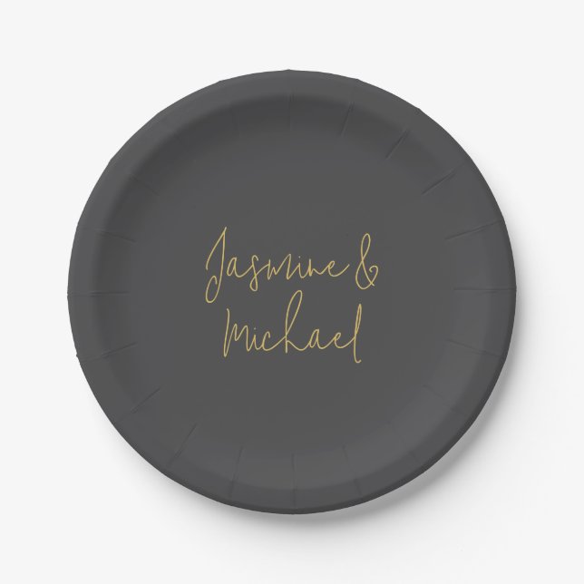 Chic Calligraphy Couple Names Gray & Gold Pappteller (Vorderseite)