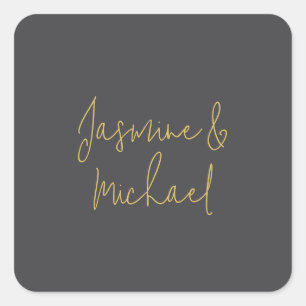 Chic Calligraphy Couple Names Gray & Gold Quadratischer Aufkleber