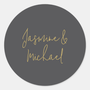Chic Calligraphy Couple Names Gray & Gold Runder Aufkleber