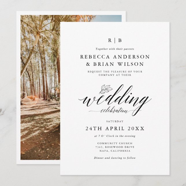Chic Calligraphy Elegante Foto Wedding Einladung (Vorne/Hinten)
