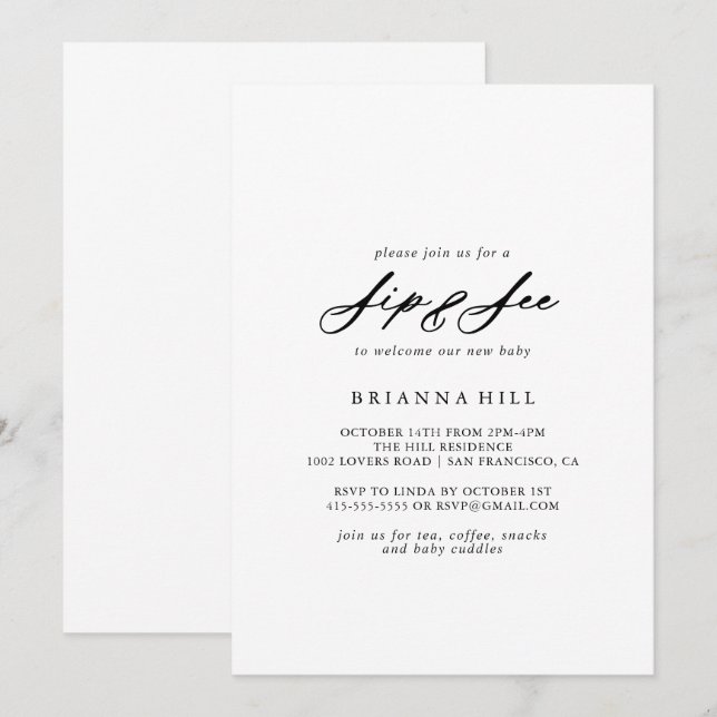 Chic Calligraphy Elegante Sip and See Einladung (Vorne/Hinten)