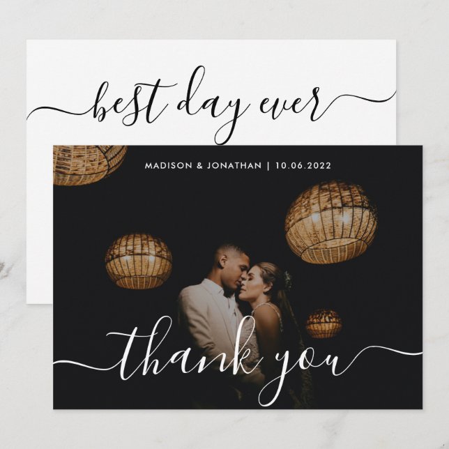 Chic Calligraphy Foto Overlay Wedding Dankeskarte (Vorne/Hinten)