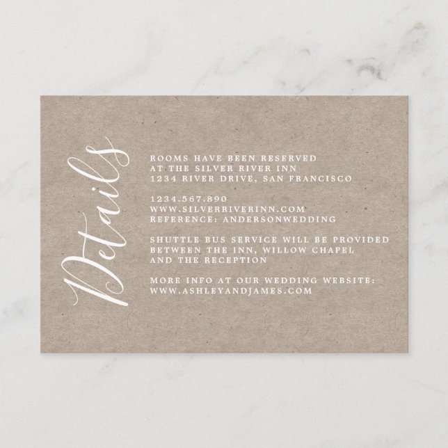 Chic Calligraphy Kraft Paper Wedding Details Begleitkarte (Vorderseite)