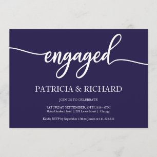 Chic Calligraphy Navy Blue Engagement Party Einladung